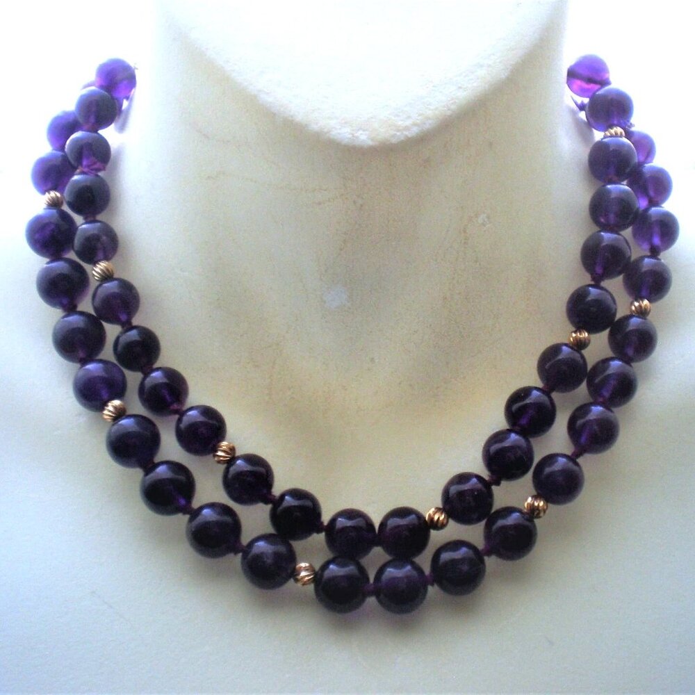 Vintage 14K Gold Purple Amethyst 10MM Beads 33.5" Long Beaded Necklace 121 g.